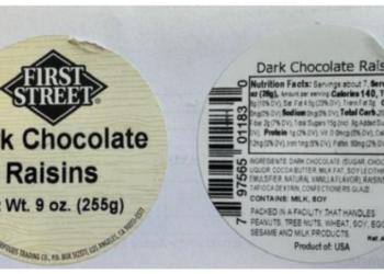 Chocolate raisins recalled because of undeclared peanuts